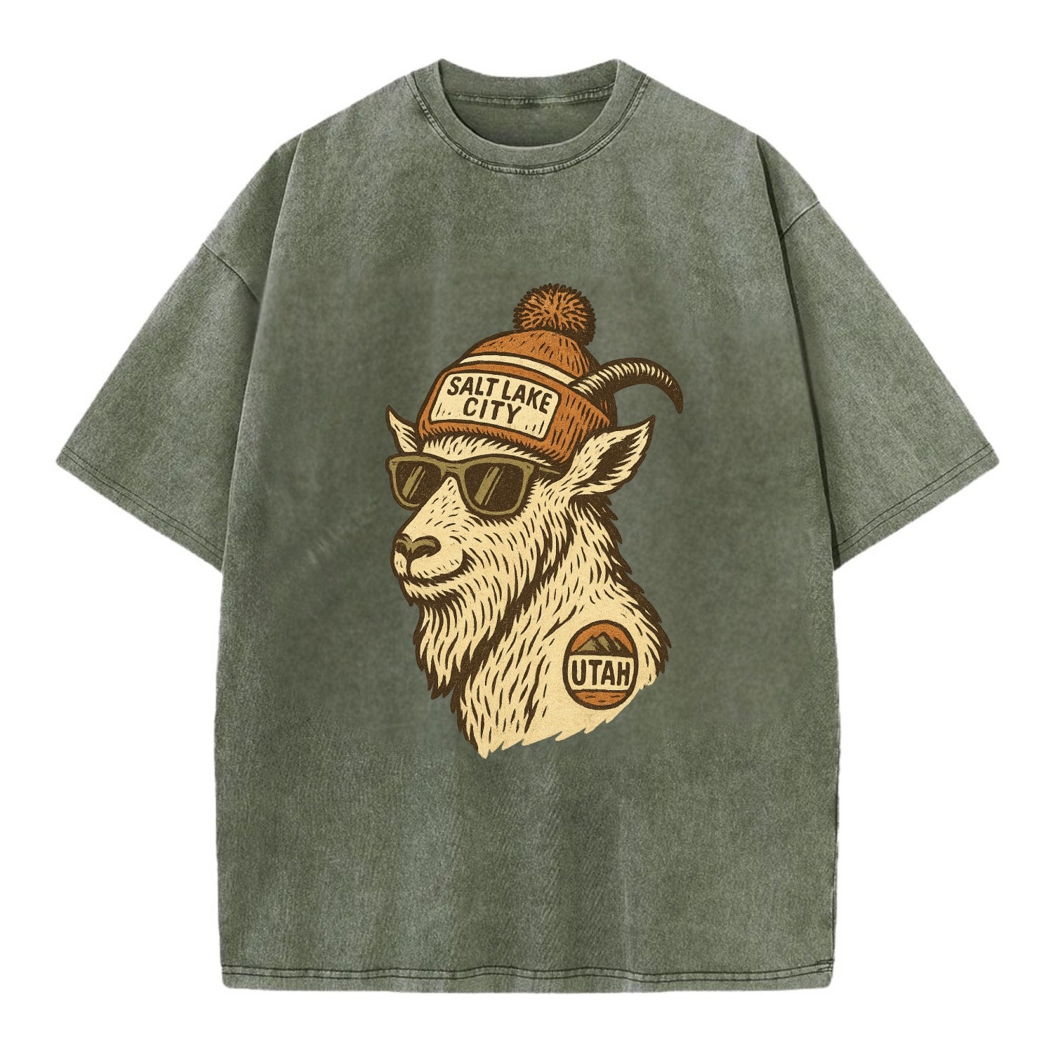 Utah Mountain Goat wearing Salt Lake City beanie with pom pom and wayfarer - Vintage T-shirt - Army Green
