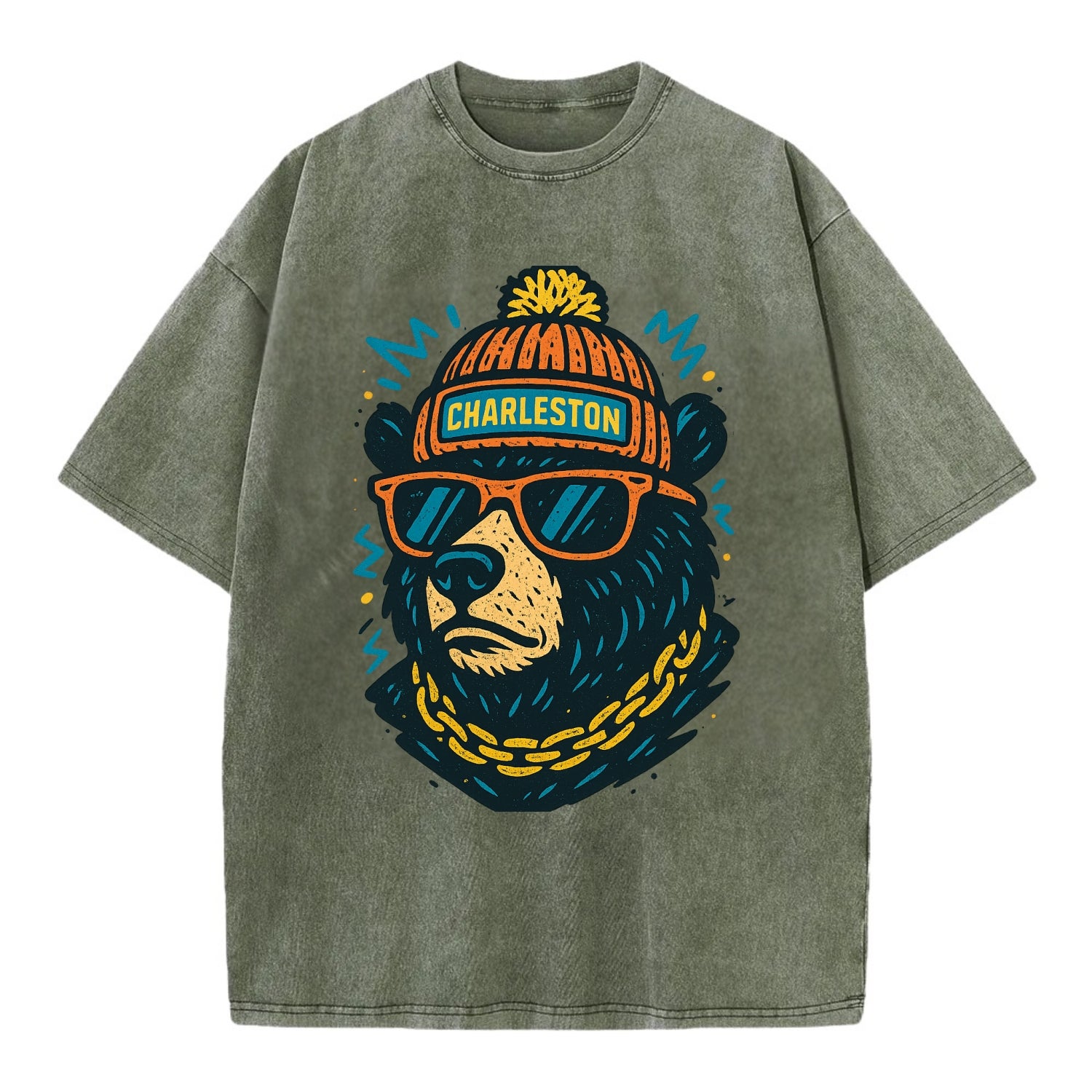 West Virginia Black Bear wearing Charleston beanie with pom pom and wayfarer - Vintage T-shirt - Army Green