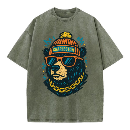 West Virginia Black Bear wearing Charleston beanie with pom pom and wayfarer - Vintage T-shirt - Army Green