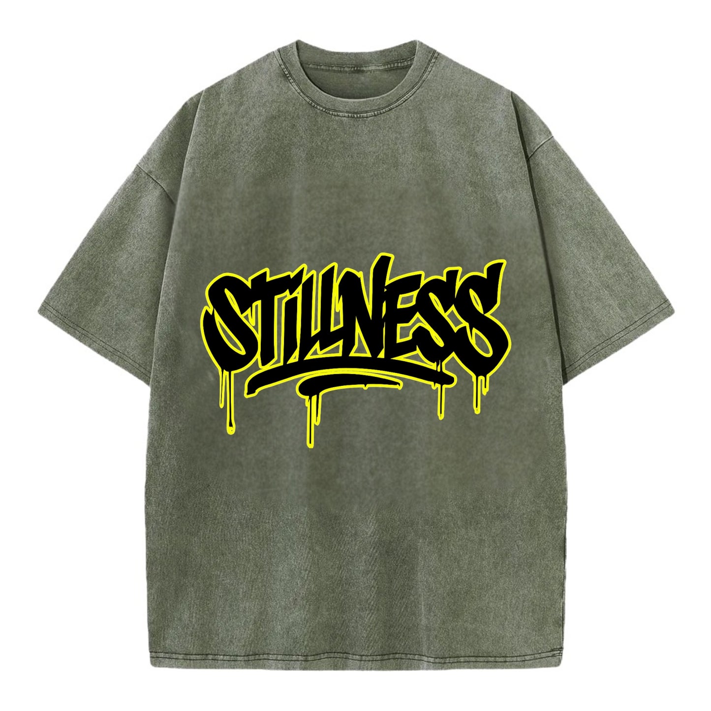 Bold typography design - "STILLNESS" - quiet power, peaceful presence - Vintage T-shirt - Army Green