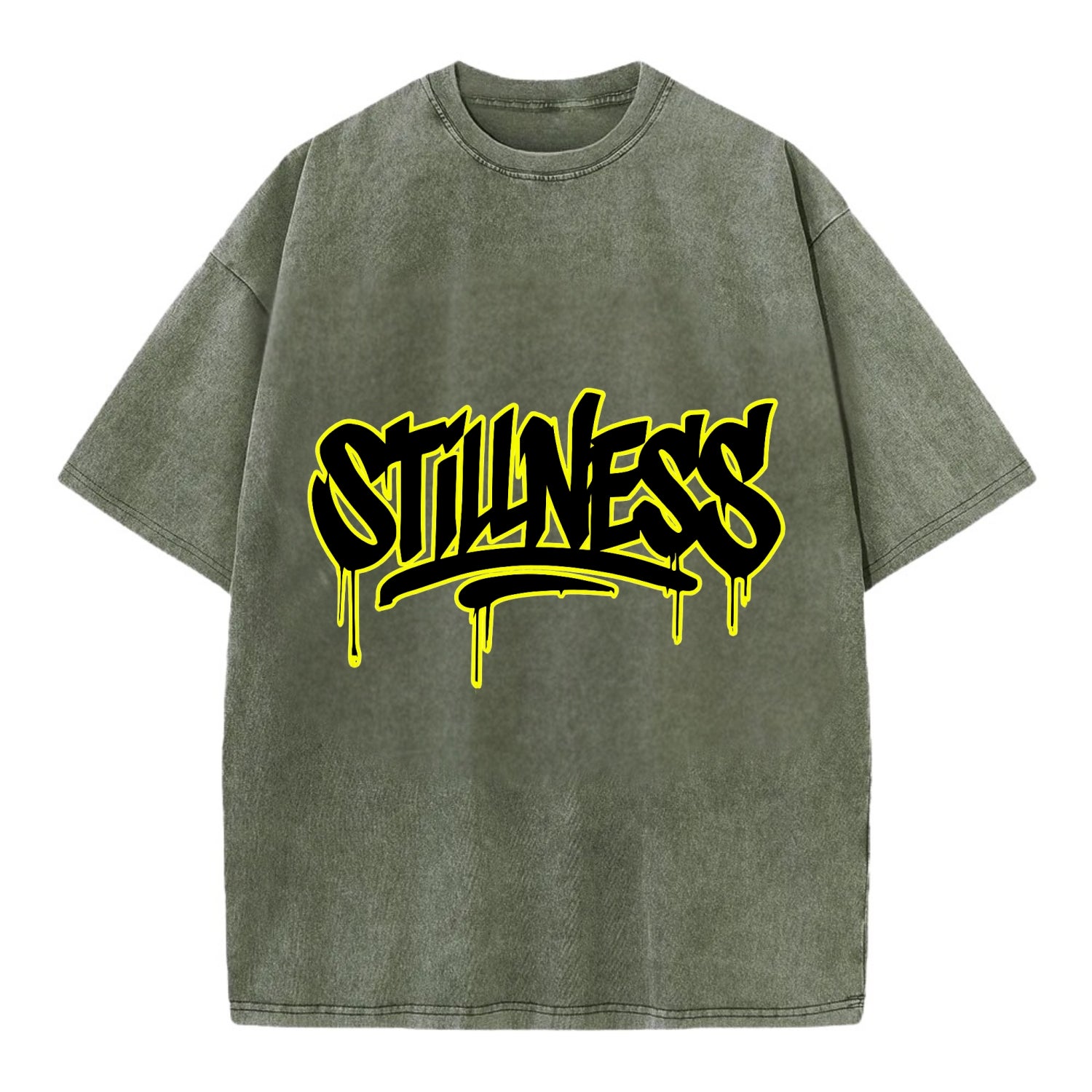 Bold typography design - "STILLNESS" - quiet power, peaceful presence - Vintage T-shirt - Army Green