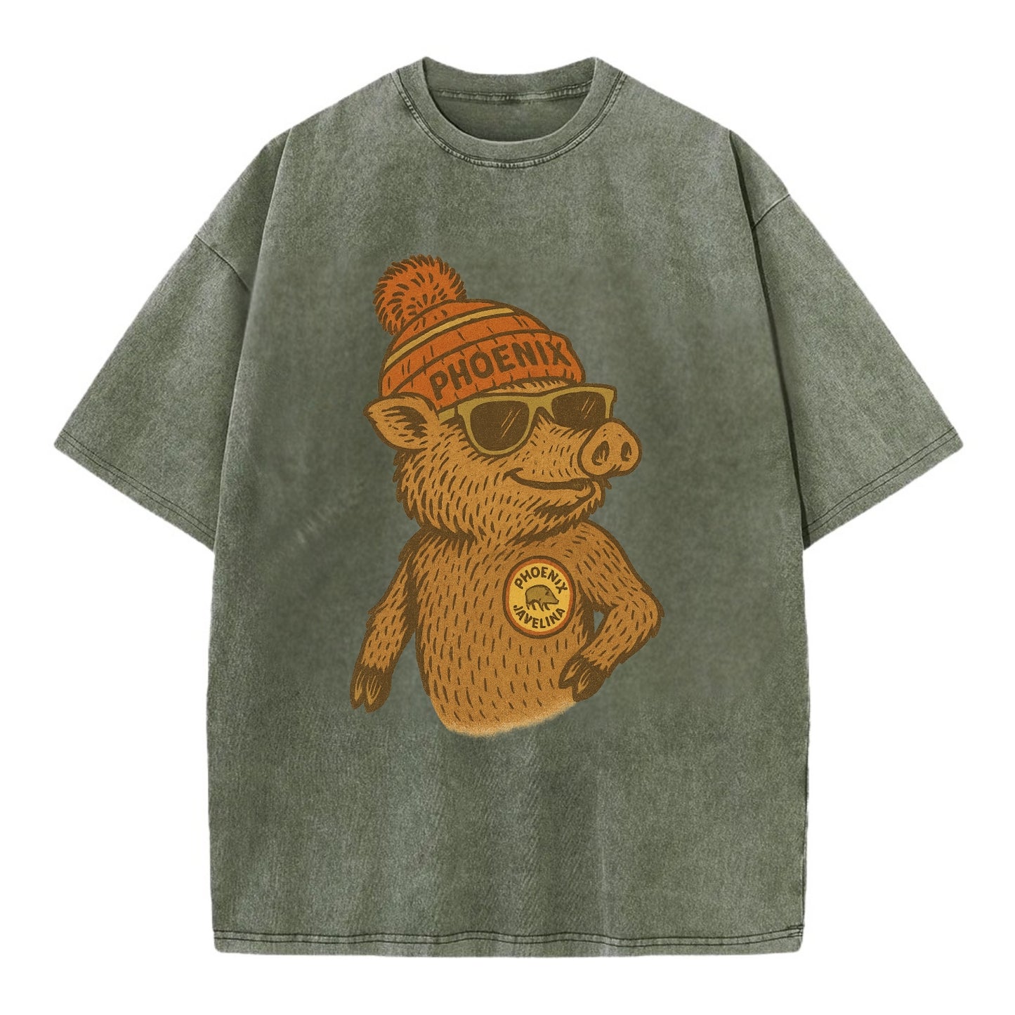 Phoenix Javelina wearing Phoenix beanie with pom pom and wayfarer sunglasses - Vintage T-shirt - Army Green