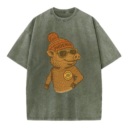 Phoenix Javelina wearing Phoenix beanie with pom pom and wayfarer sunglasses - Vintage T-shirt - Army Green