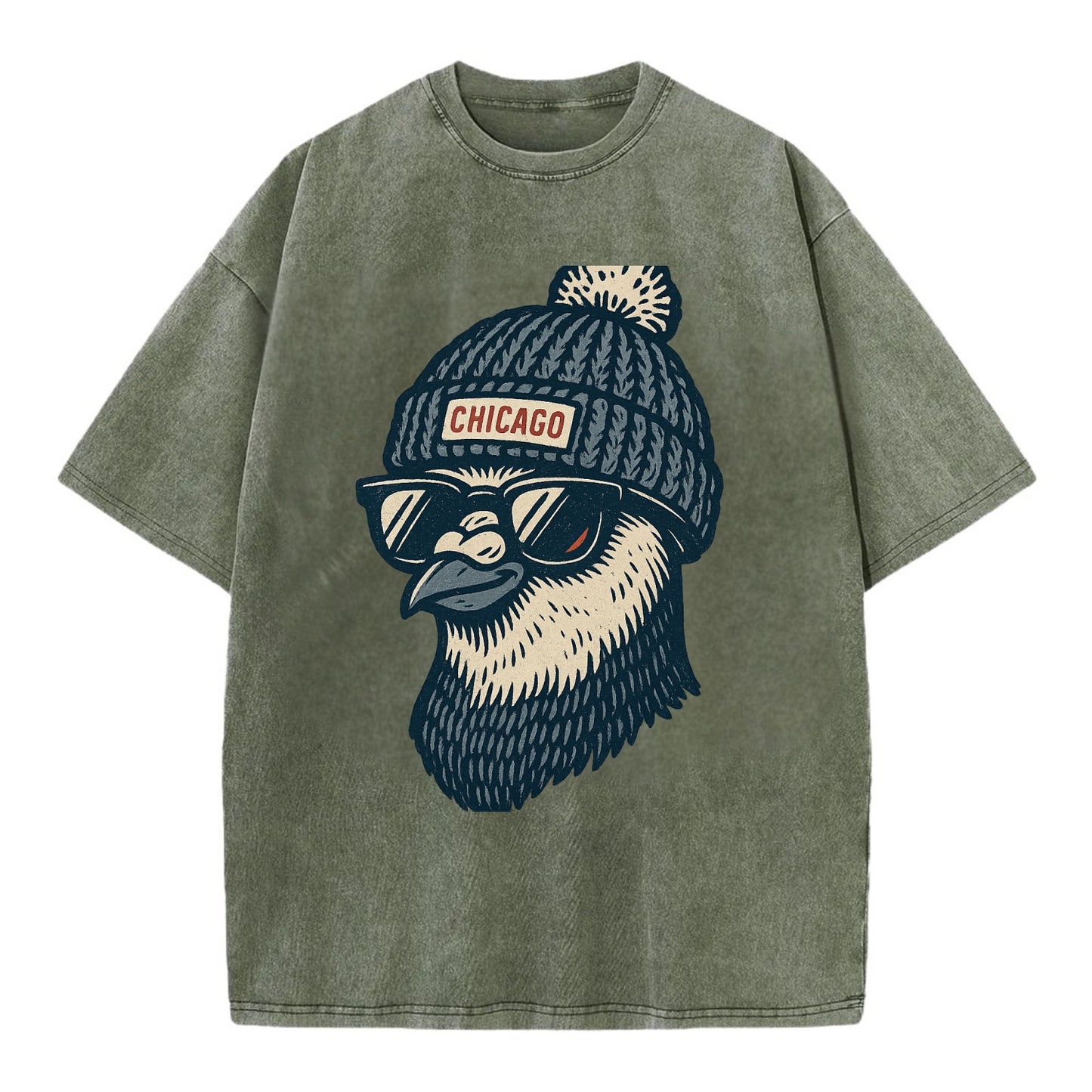 Chicago Pigeon wearing Chicago beanie with pom pom and wayfarer sunglasses - Vintage T-shirt - Army Green