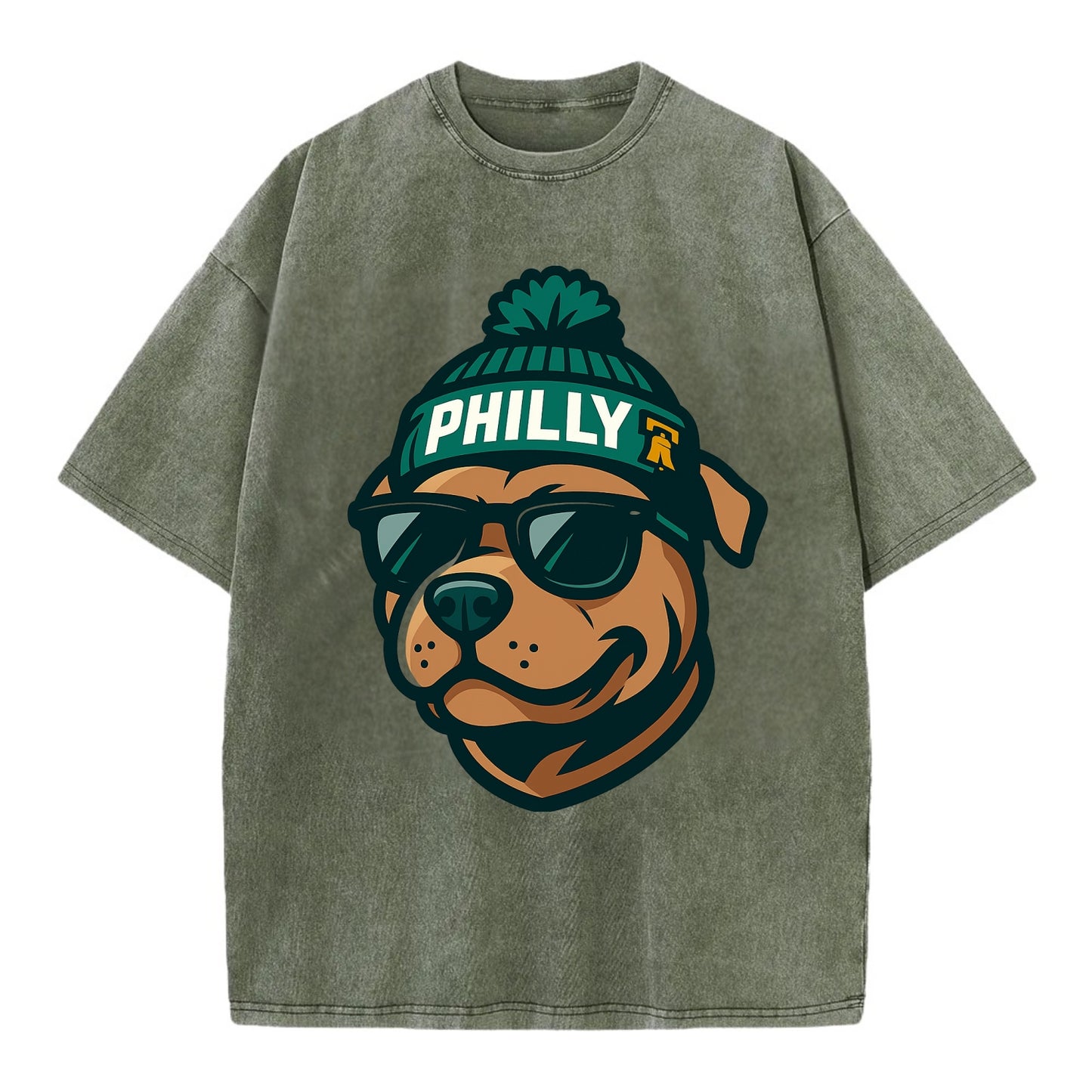 Philly Pitbull wearing Eagles beanie with Liberty Bell patch and wayfarer - Vintage T-shirt - Army Green
