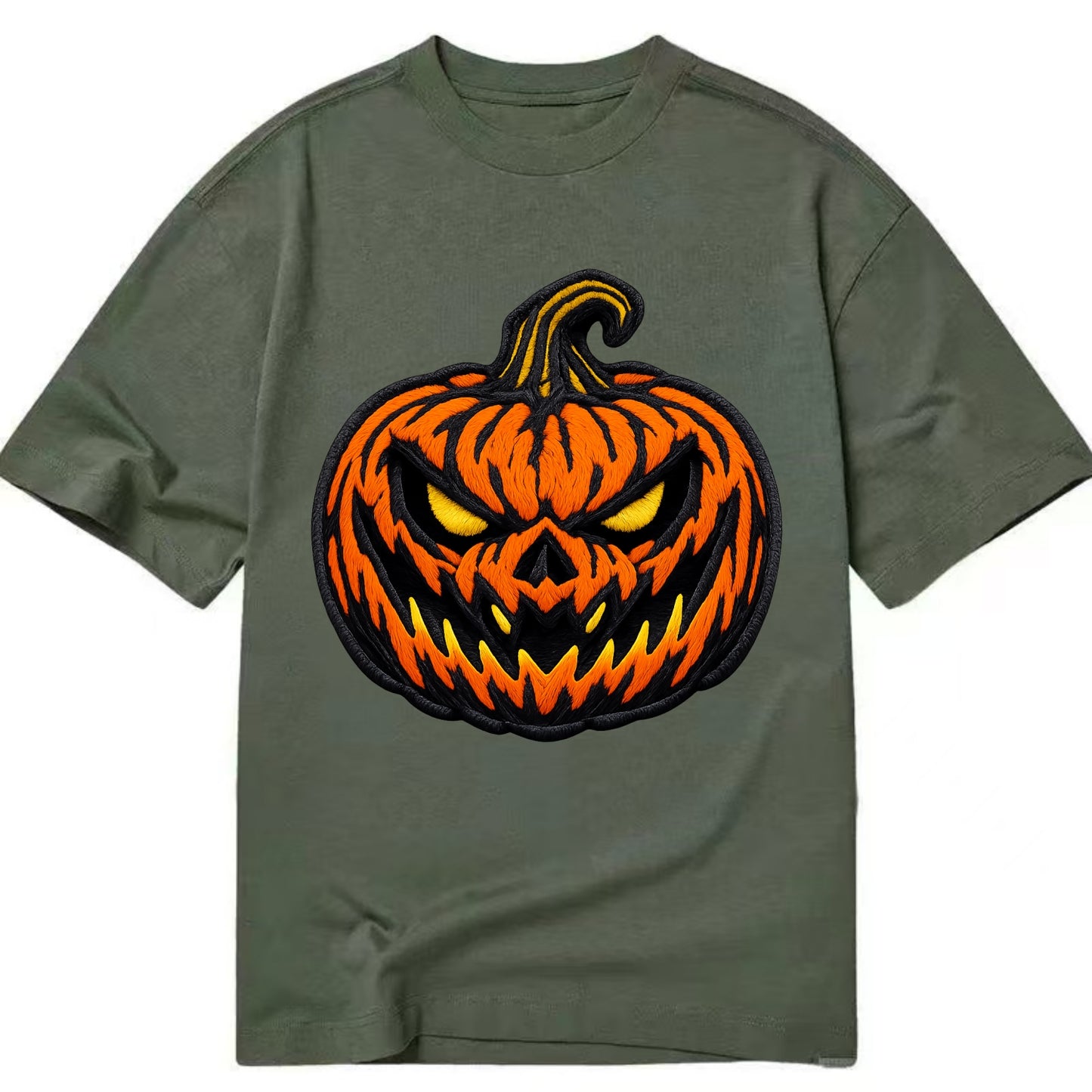 HALLOWEEN PUMPKIN - jack o lantern in orange and black , spooky - Classic T-shirt - Army Green