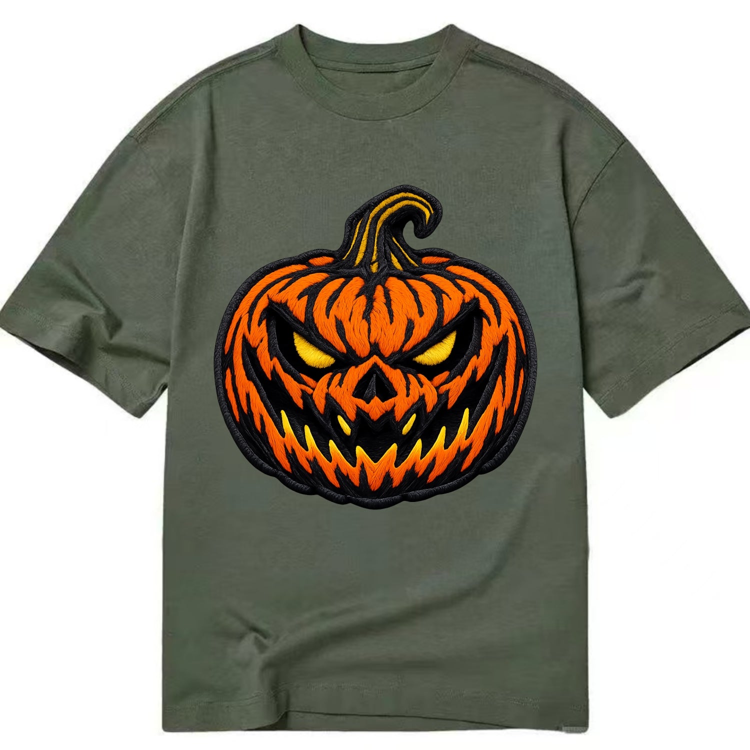 HALLOWEEN PUMPKIN - jack o lantern in orange and black , spooky - Classic T-shirt - Army Green