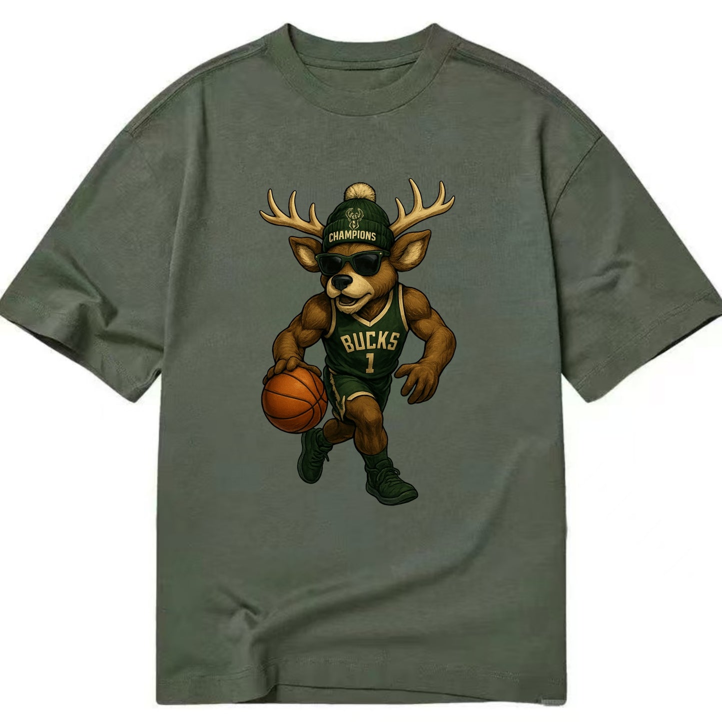 Milwaukee Buck Deer wearing Bucks green and cream beanie with antlers and - Classic T-shirt - Army Green