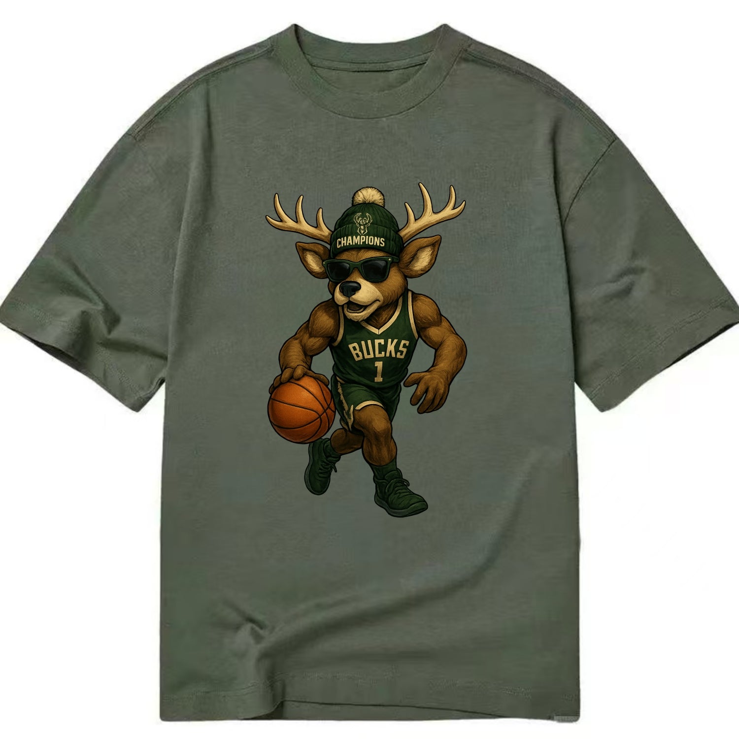 Milwaukee Buck Deer wearing Bucks green and cream beanie with antlers and - Classic T-shirt - Army Green