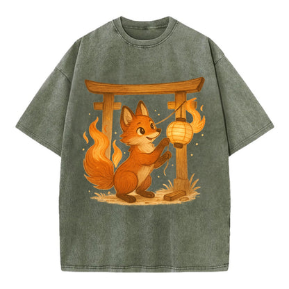 Foxfire kitsune stringing lanterns along a torii gate with tails of living flame - Vintage T-shirt - Army Green