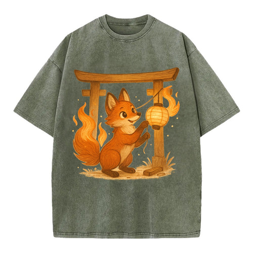 Foxfire kitsune stringing lanterns along a torii gate with tails of living flame - Vintage T-shirt