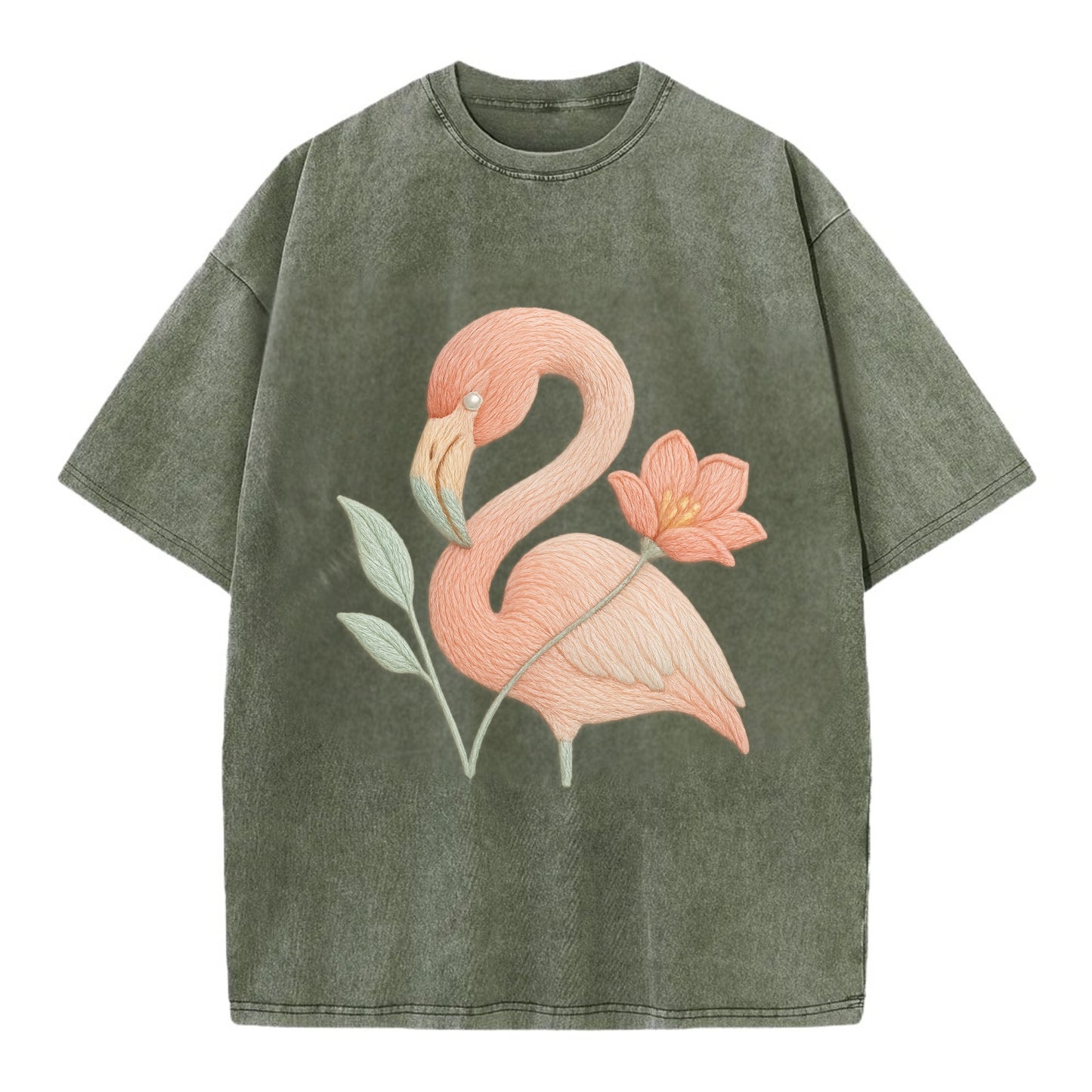 Peach Flamingo - Vintage T-shirt - Army Green