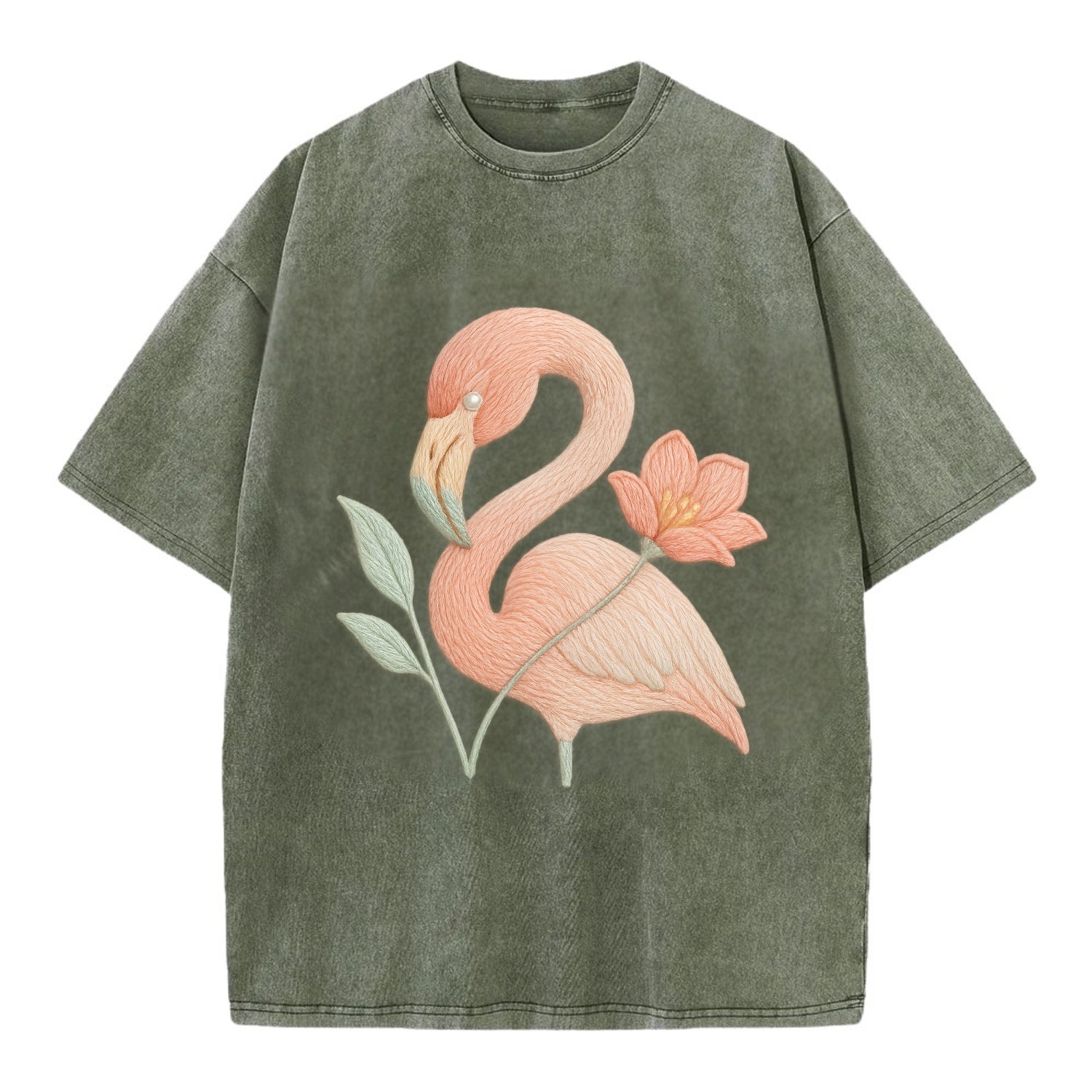 Peach Flamingo - Vintage T-shirt - Army Green