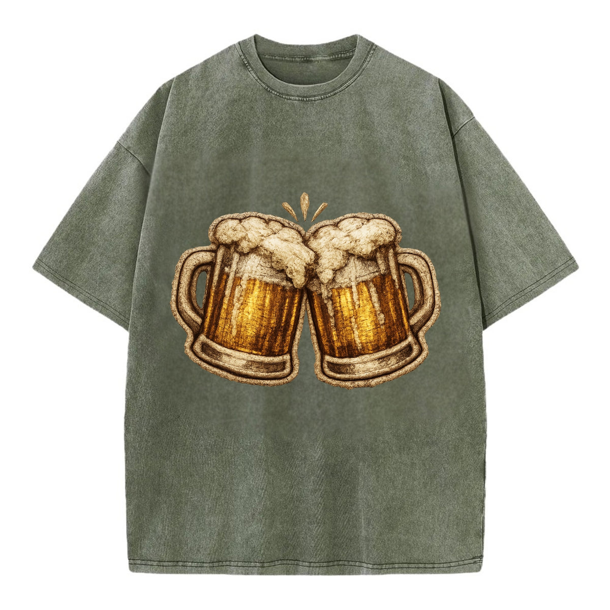 BEER MUG CHEERS - frosty beer stein in gold and amber , brewery - Vintage T-shirt - Army Green