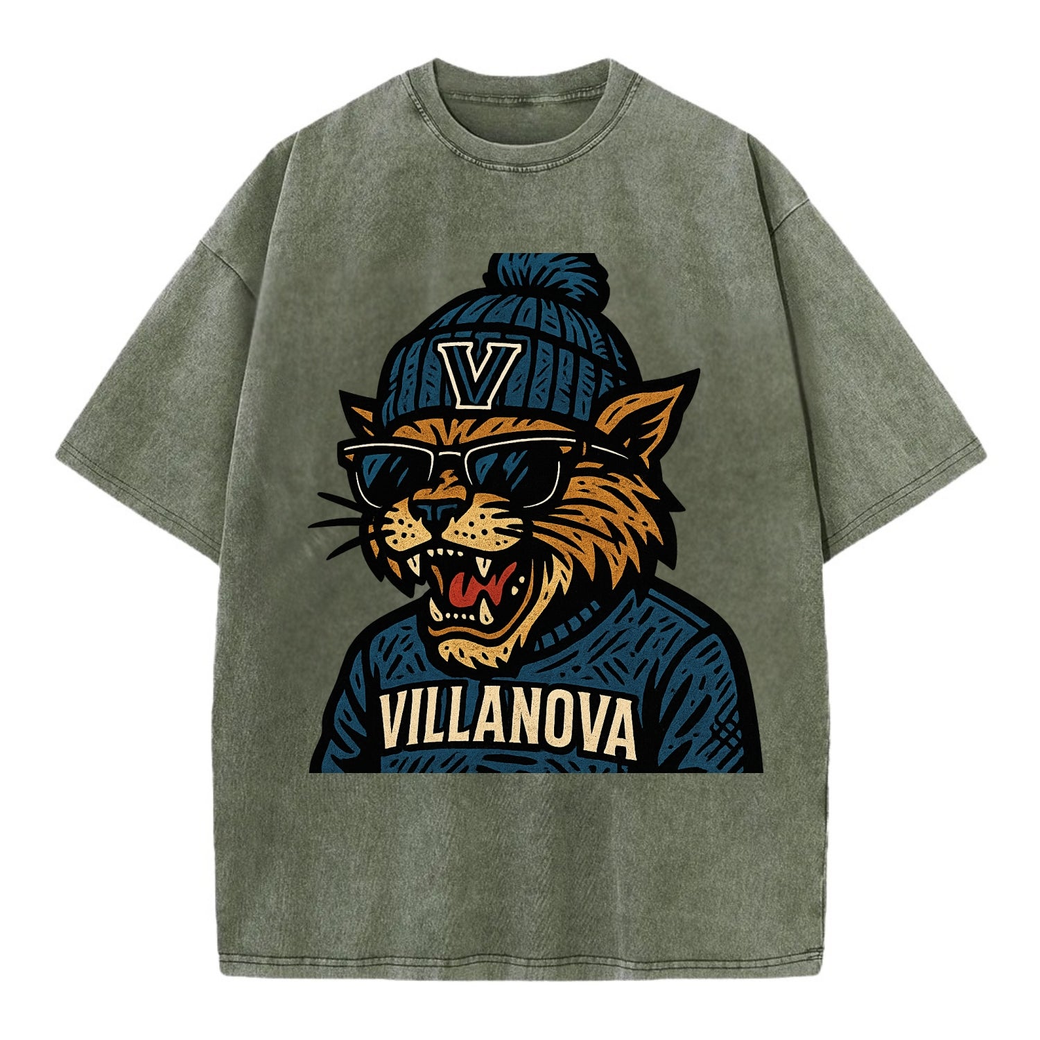 Villanova Wildcat wearing Villanova beanie with V patch - Vintage T-shirt - Army Green
