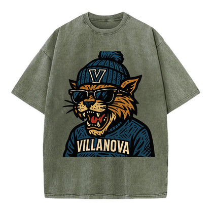 Villanova Wildcat wearing Villanova beanie with V patch - Vintage T-shirt - Army Green