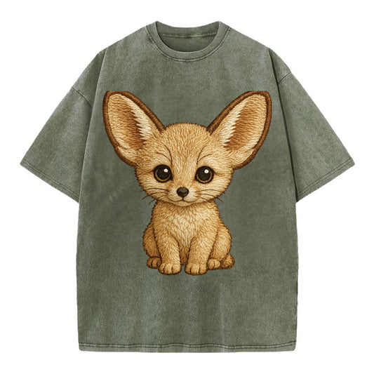 Baby Fennec Fox - huge ears, cream fur, large dark eyes, front-facing, desert baby - Vintage T-shirt - Army Green