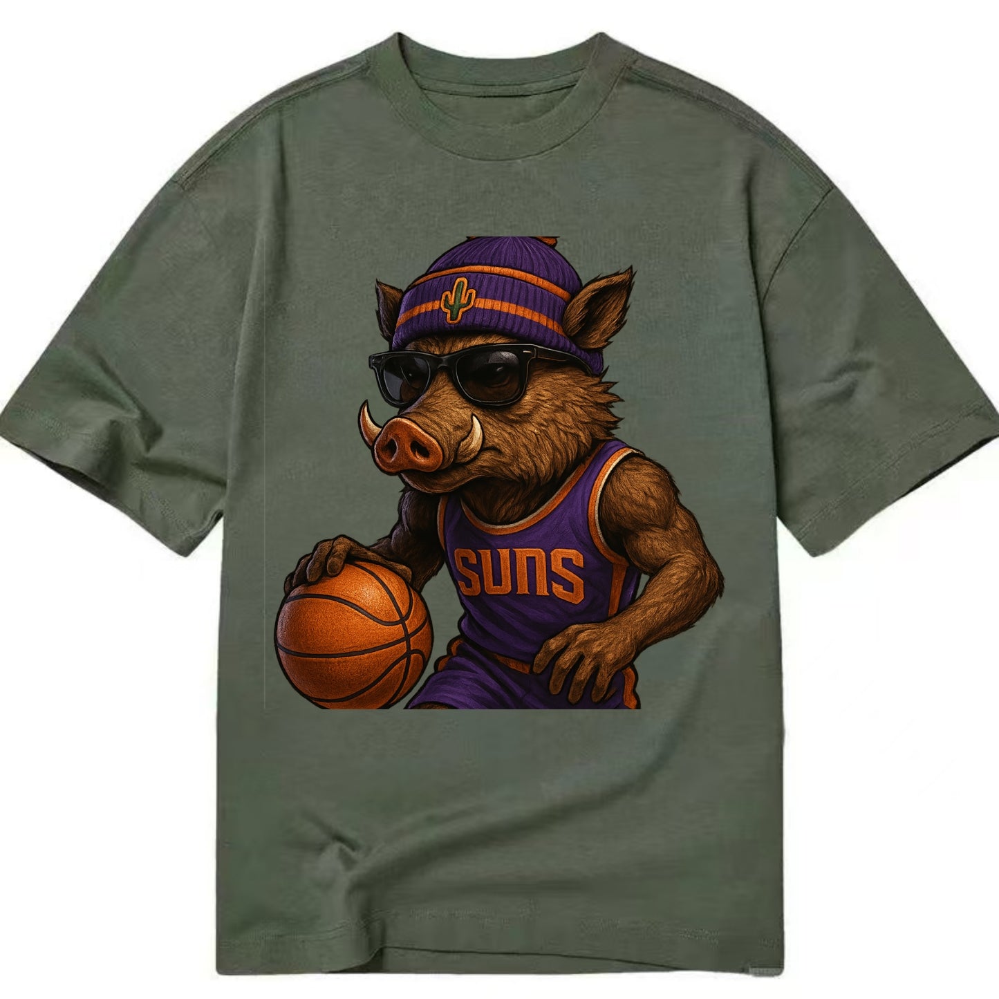 Phoenix Javelina wearing Suns beanie with cactus patch and wayfarer sunglasses - Classic T-shirt - Army Green