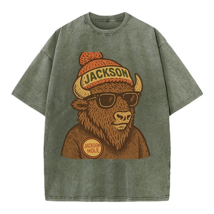 Jackson Hole Bison wearing Jackson beanie with pom pom and wayfarer sunglasses - Vintage T-shirt - Army Green
