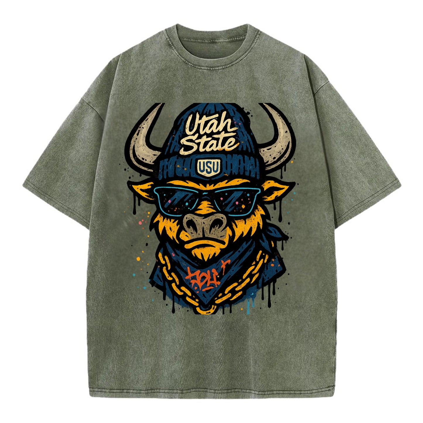 Logan Aggie wearing Utah State beanie with USU patch - Vintage T-shirt - Army Green