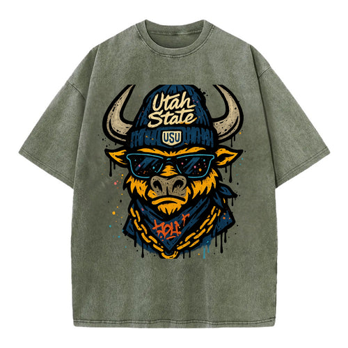 Logan Aggie wearing Utah State beanie with USU patch - Vintage T-shirt