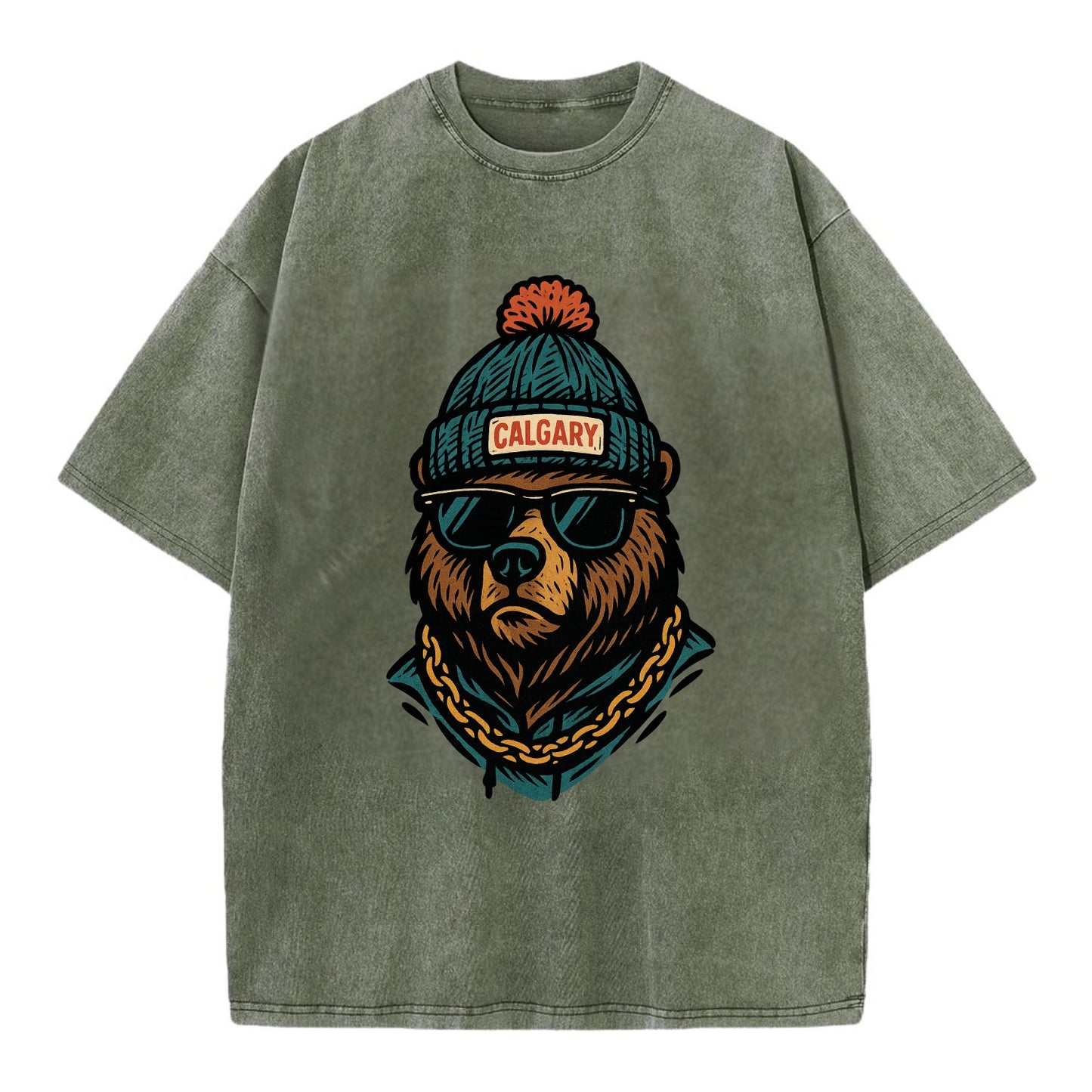 Calgary Grizzly Bear wearing Calgary beanie with pom pom and wayfarer sunglasses - Vintage T-shirt - Army Green