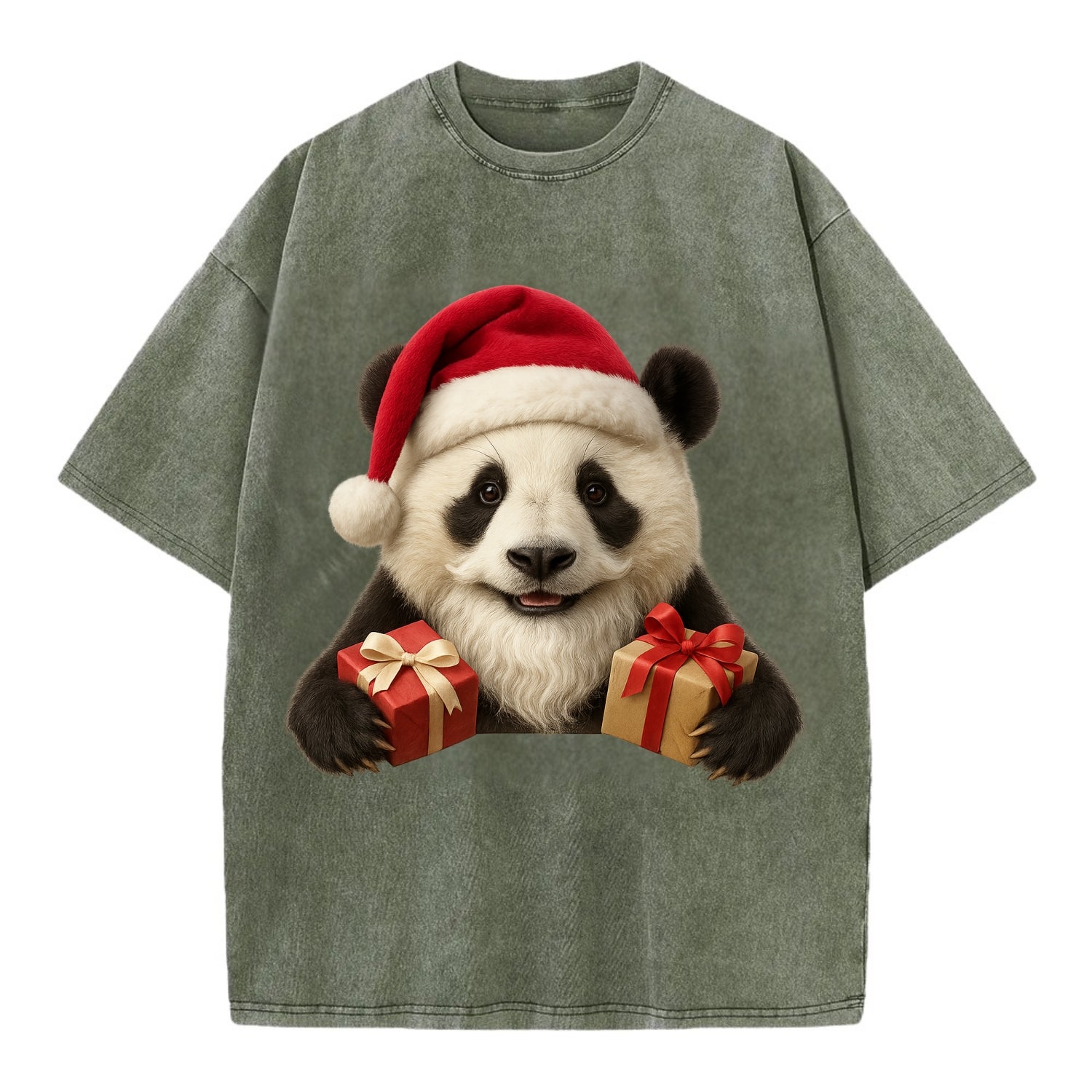 Santa Panda  - Vintage T-shirt - Army Green