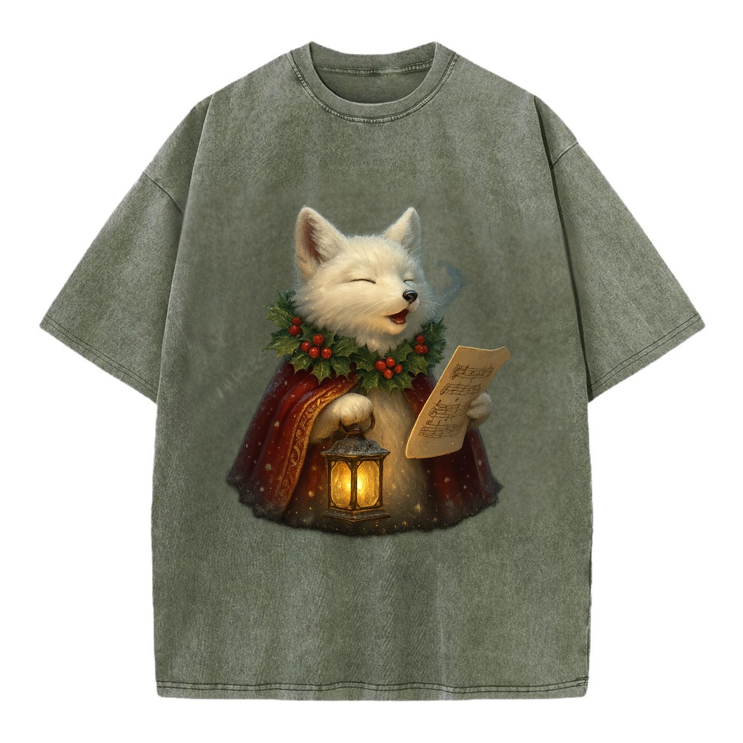 Snowbound Arctic Fox Caroler  - Vintage T-shirt - Army Green