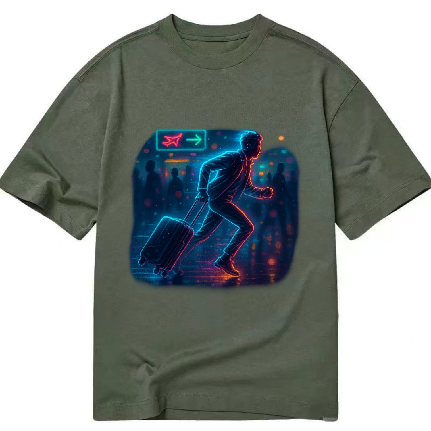 person running with luggage through crowded airport terminal - Classic T-shirt - Army Green
