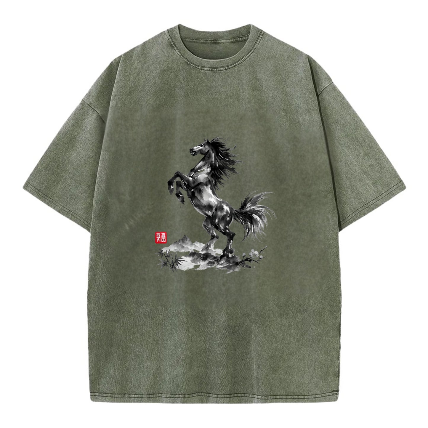 WILD STALLION | Powerful stallion rearing up | Windswept mane and tail | Mountain - Vintage T-shirt - Army Green