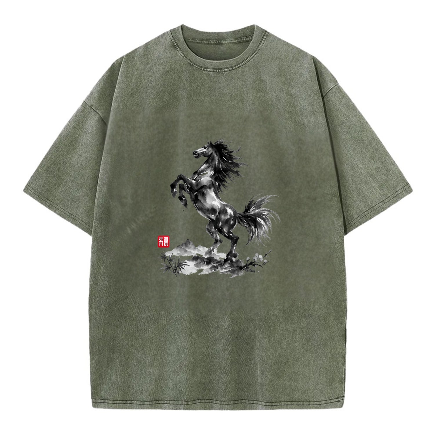WILD STALLION | Powerful stallion rearing up | Windswept mane and tail | Mountain - Vintage T-shirt - Army Green