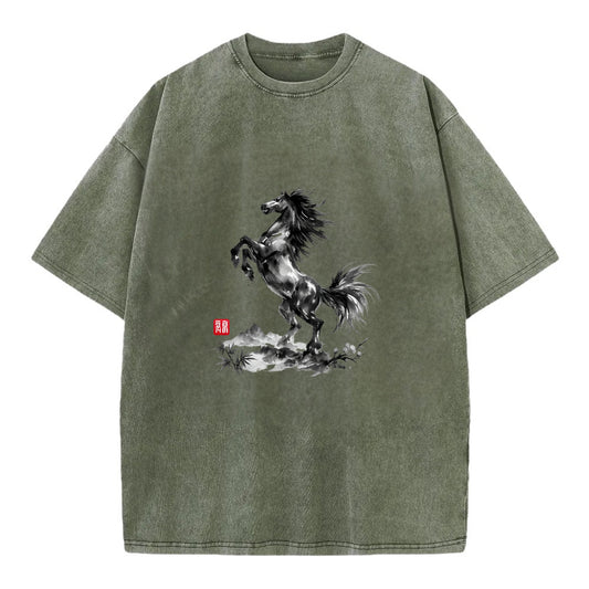 WILD STALLION | Powerful stallion rearing up | Windswept mane and tail | Mountain - Vintage T-shirt - Army Green