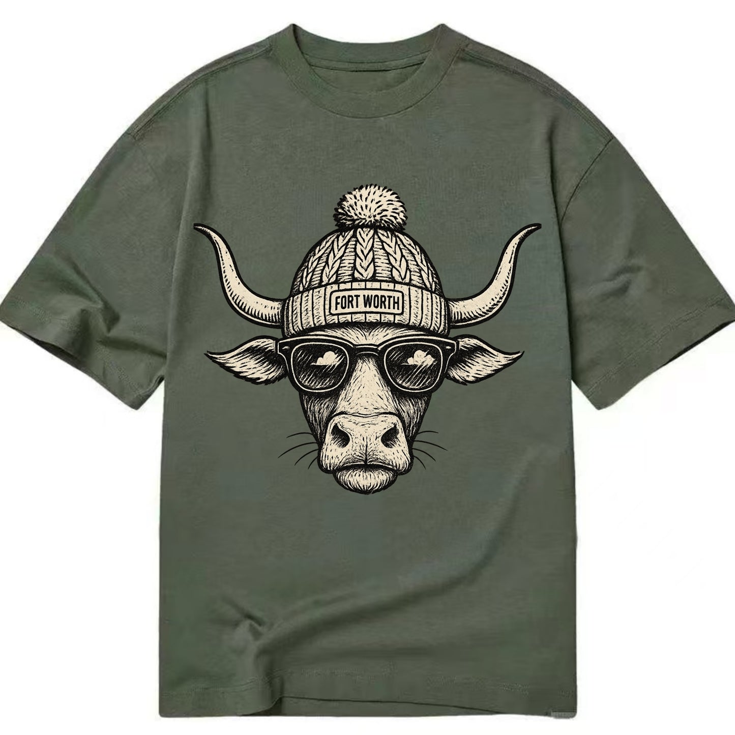 Fort Worth Longhorn wearing Fort Worth beanie with pom pom and wayfarer sunglasses - Classic T-shirt - Army Green