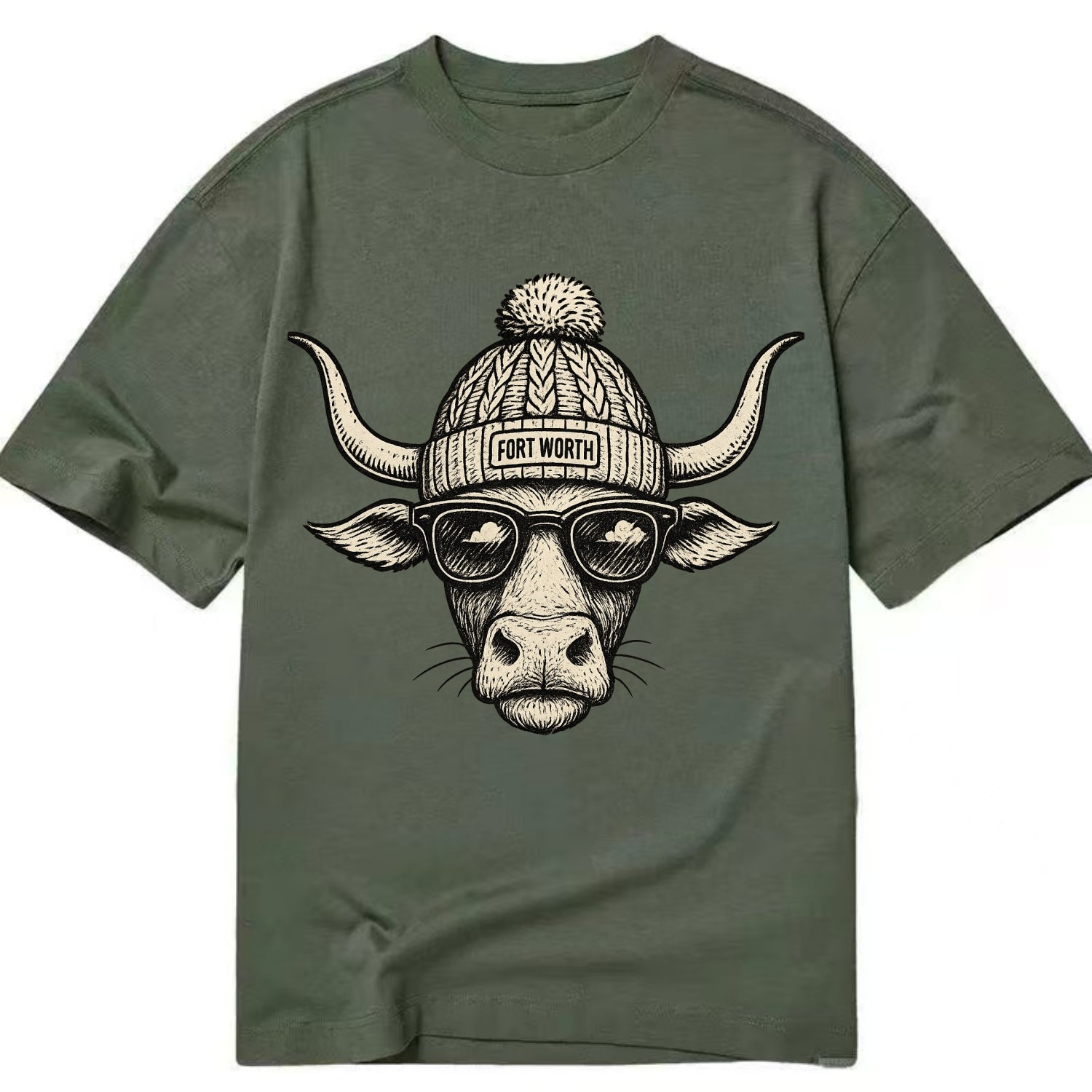 Fort Worth Longhorn wearing Fort Worth beanie with pom pom and wayfarer sunglasses - Classic T-shirt - Army Green