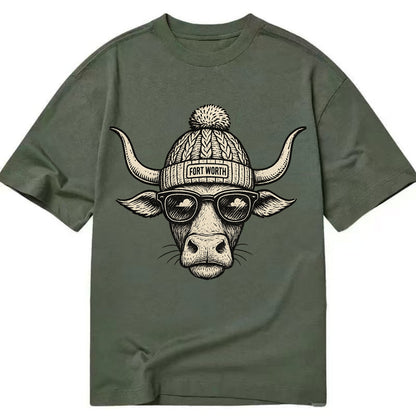 Fort Worth Longhorn wearing Fort Worth beanie with pom pom and wayfarer sunglasses - Classic T-shirt - Army Green