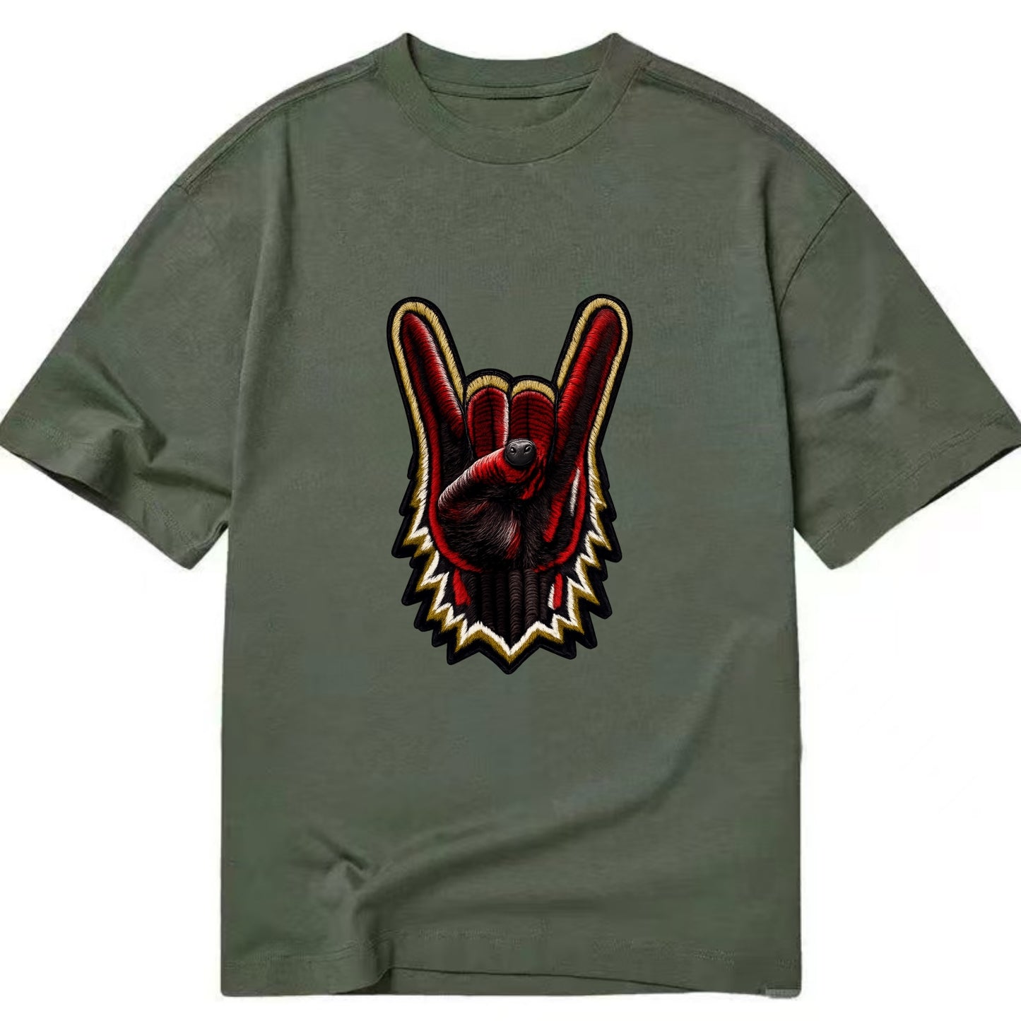 ROCK HAND HORNS - devil horns hand gesture in black and red , metal music - Classic T-shirt - Army Green