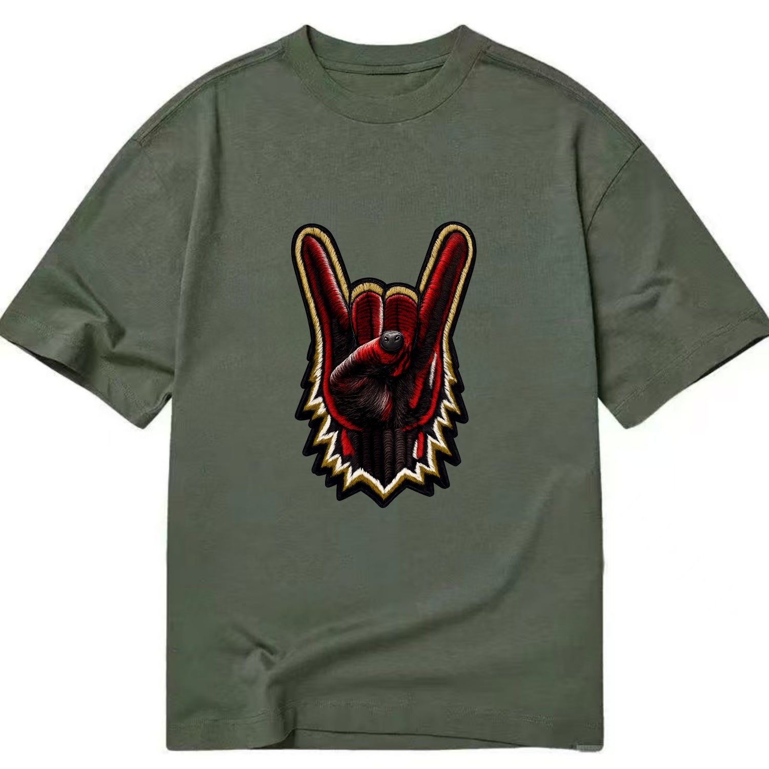 ROCK HAND HORNS - devil horns hand gesture in black and red , metal music - Classic T-shirt - Army Green
