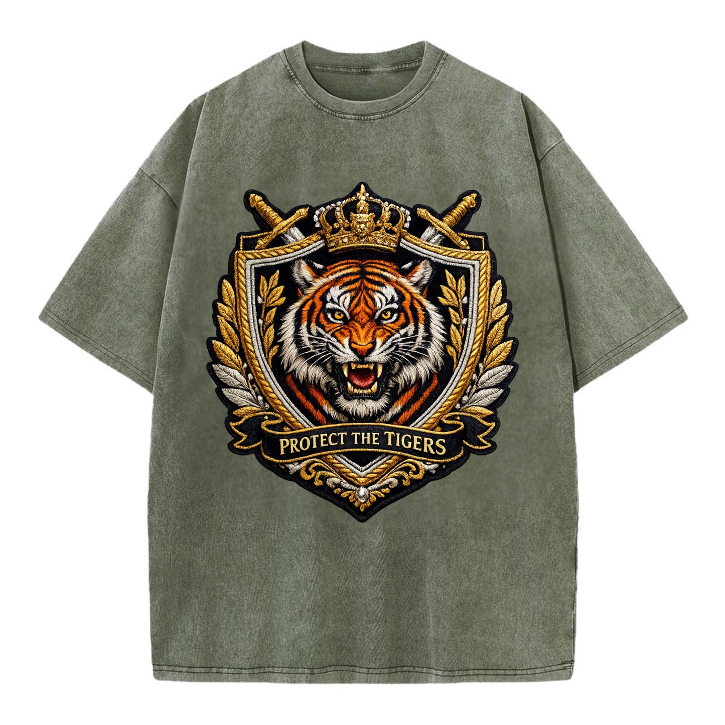 PROTECT THE TIGERS - tiger with shield in orange , big cat conservation - Vintage T-shirt - Army Green