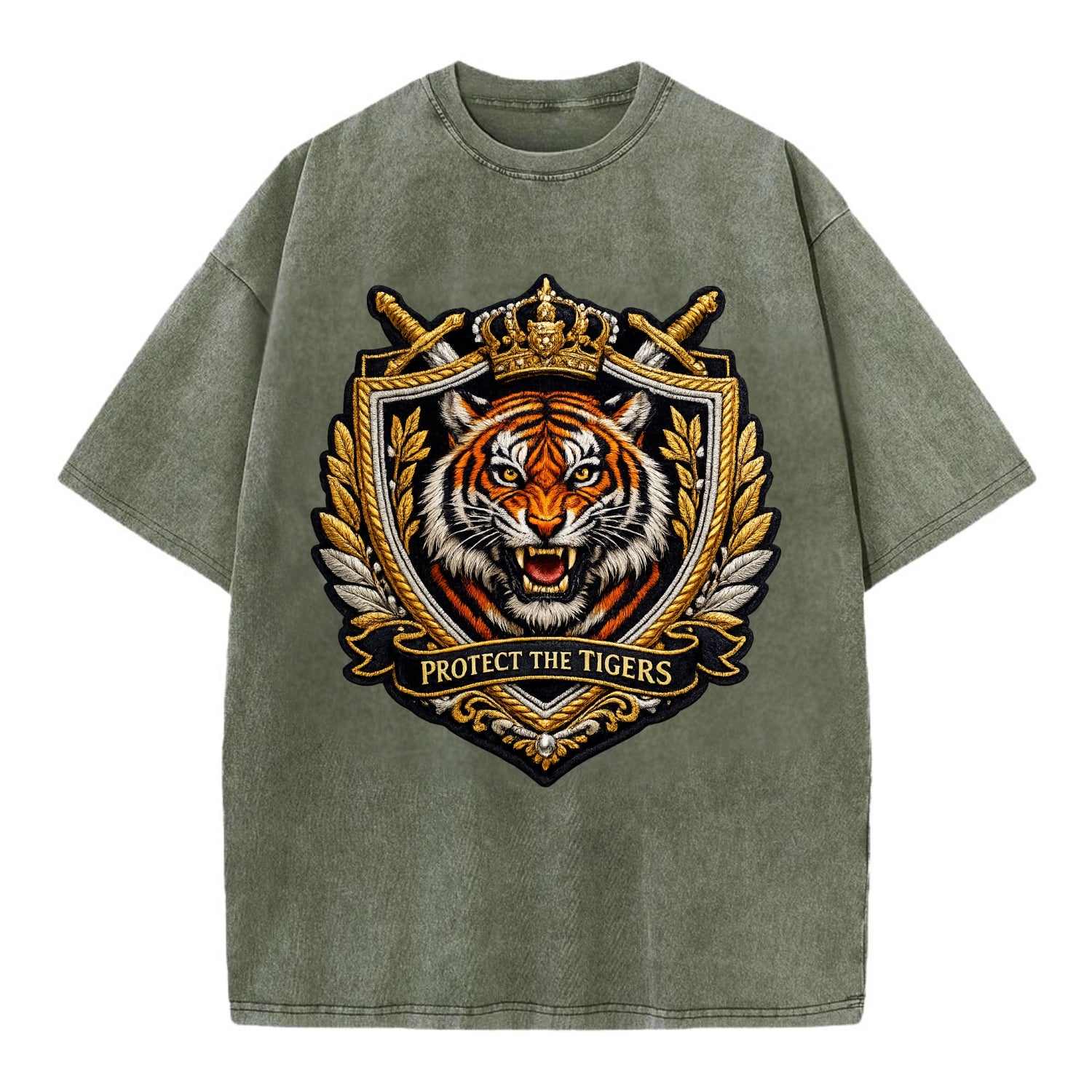 PROTECT THE TIGERS - tiger with shield in orange , big cat conservation - Vintage T-shirt - Army Green