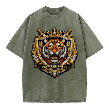 PROTECT THE TIGERS - tiger with shield in orange , big cat conservation - Vintage T-shirt - Army Green