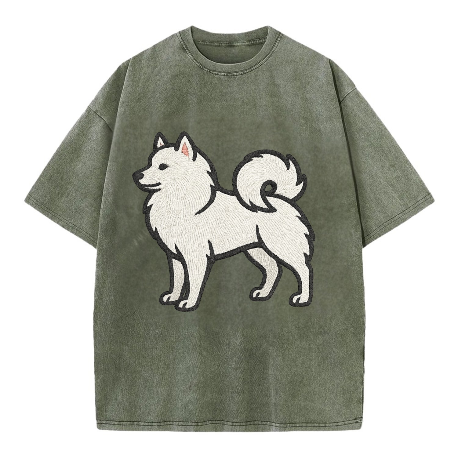 American Eskimo Dog - White spitz embroidered standing design - Vintage T-shirt - Army Green