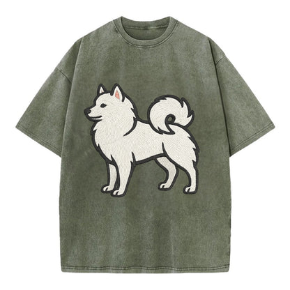 American Eskimo Dog - White spitz embroidered standing design - Vintage T-shirt - Army Green