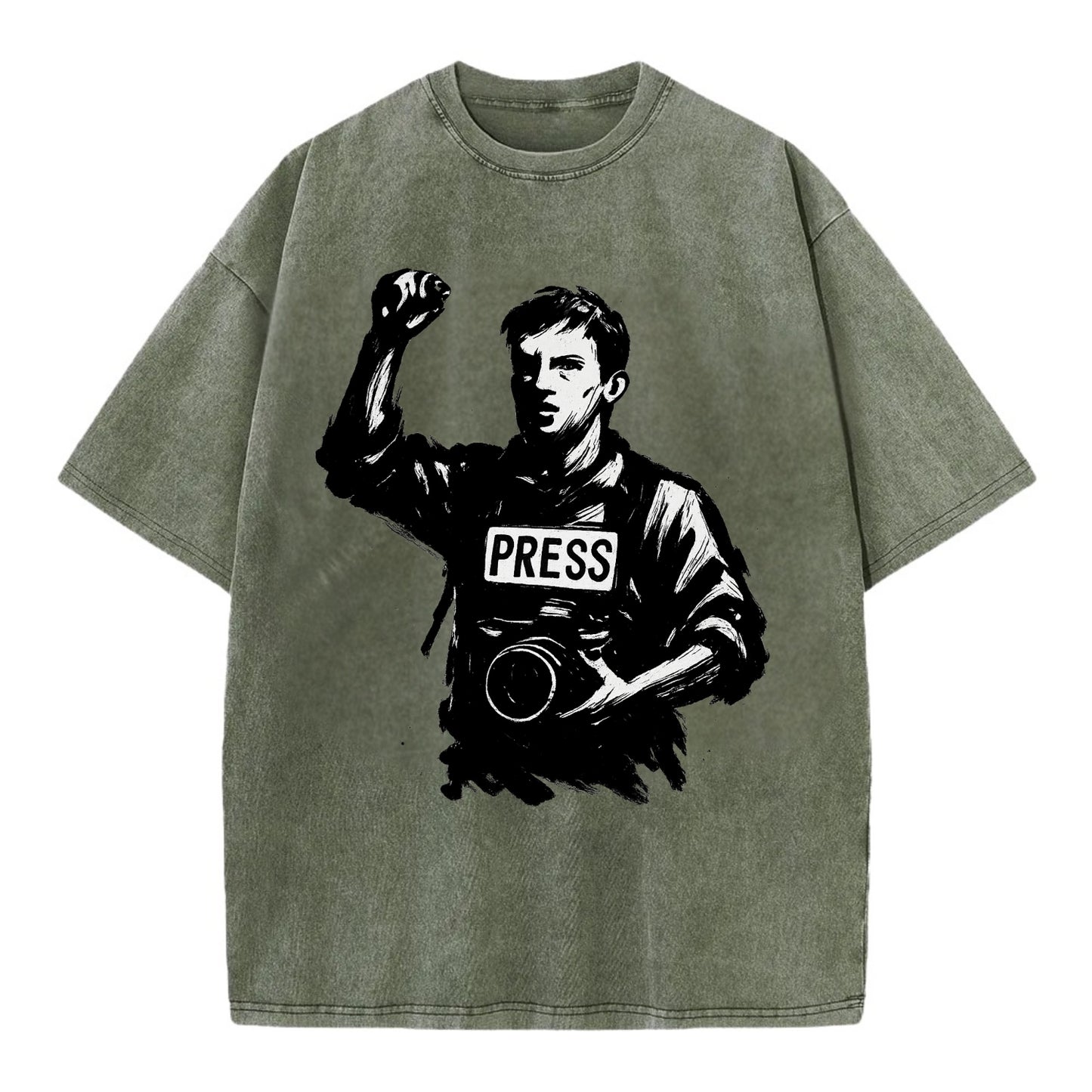 Journalist with camera - press freedom ink painting - Vintage T-shirt - Army Green