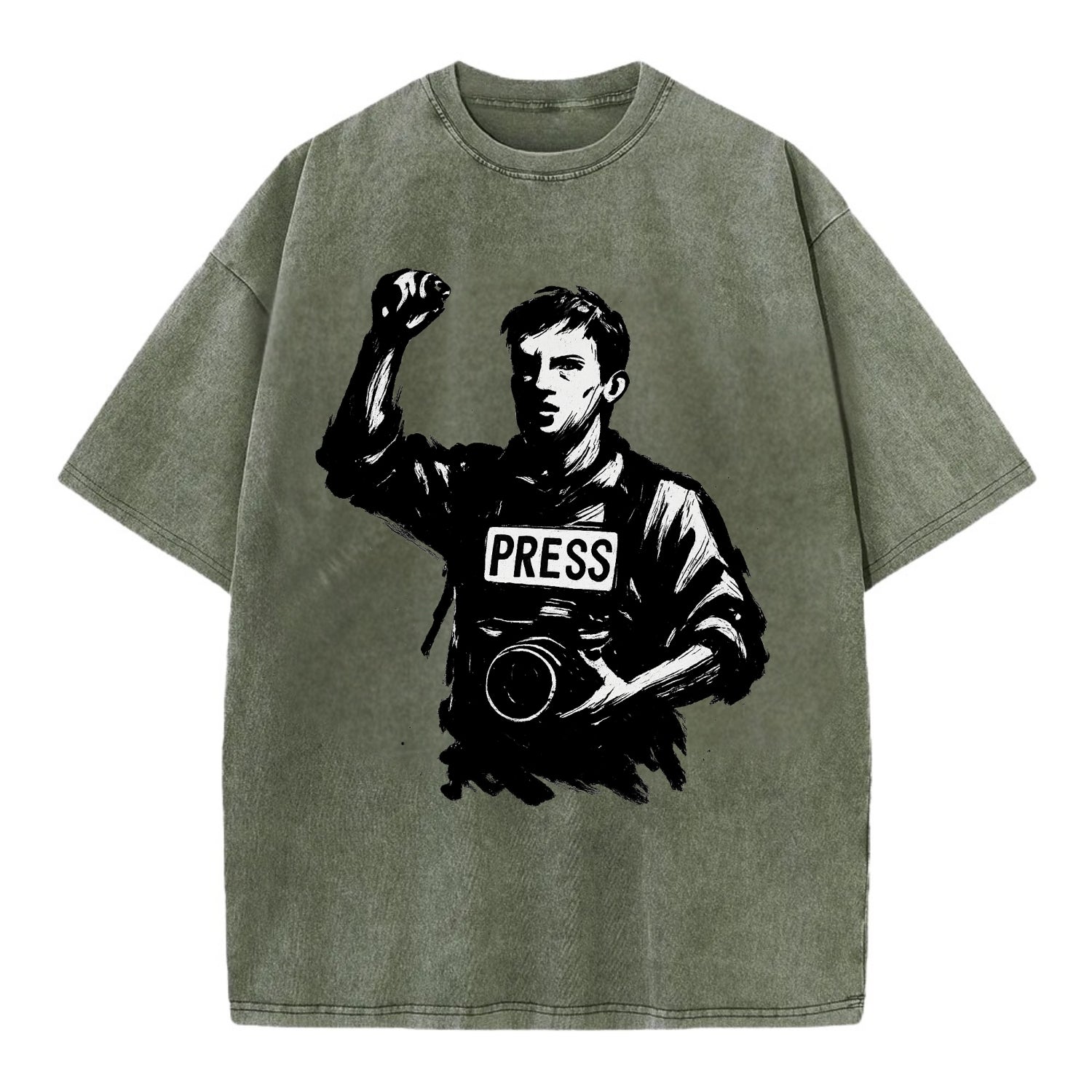 Journalist with camera - press freedom ink painting - Vintage T-shirt - Army Green