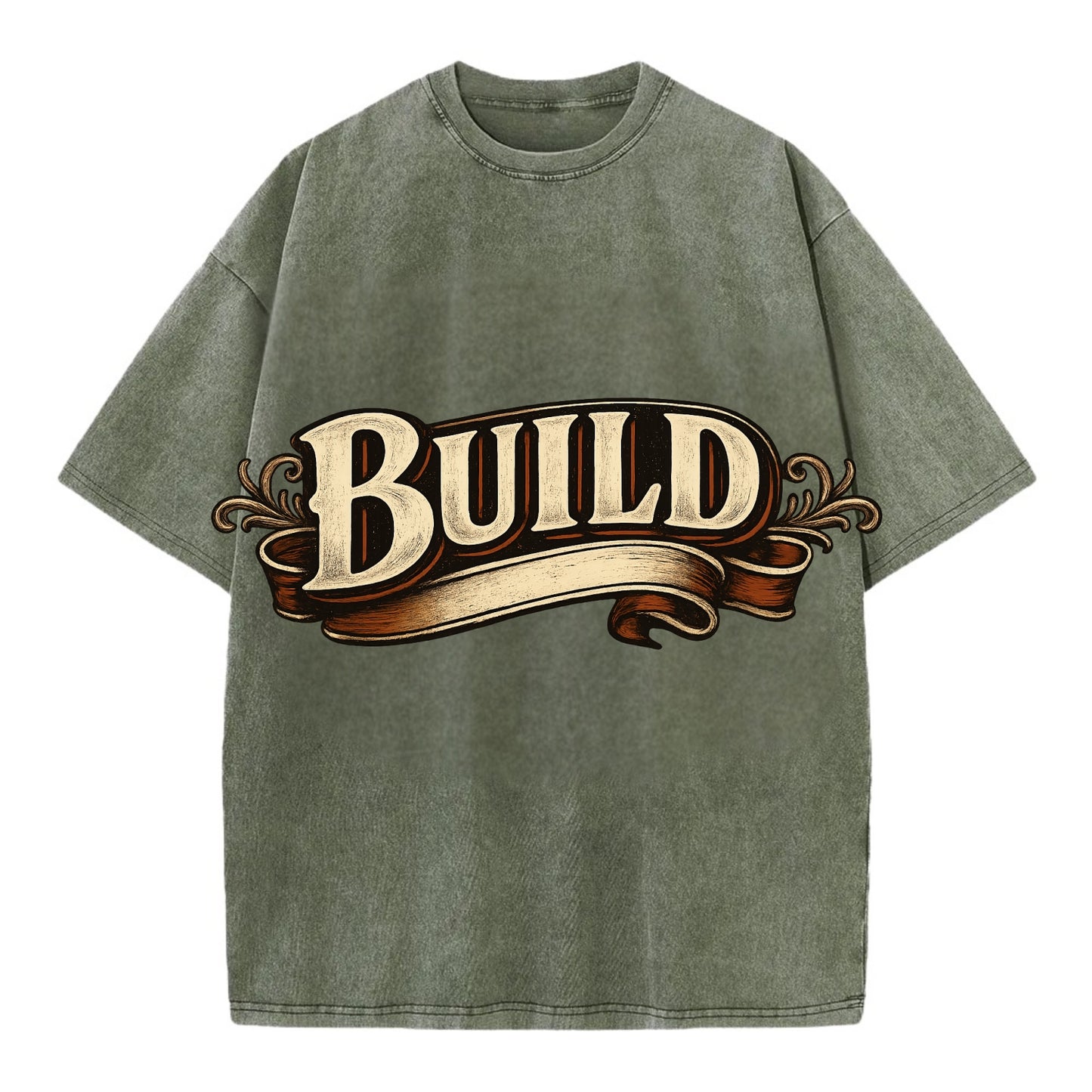 Bold typography design - "BUILD" - constructing, making real - Vintage T-shirt - Army Green