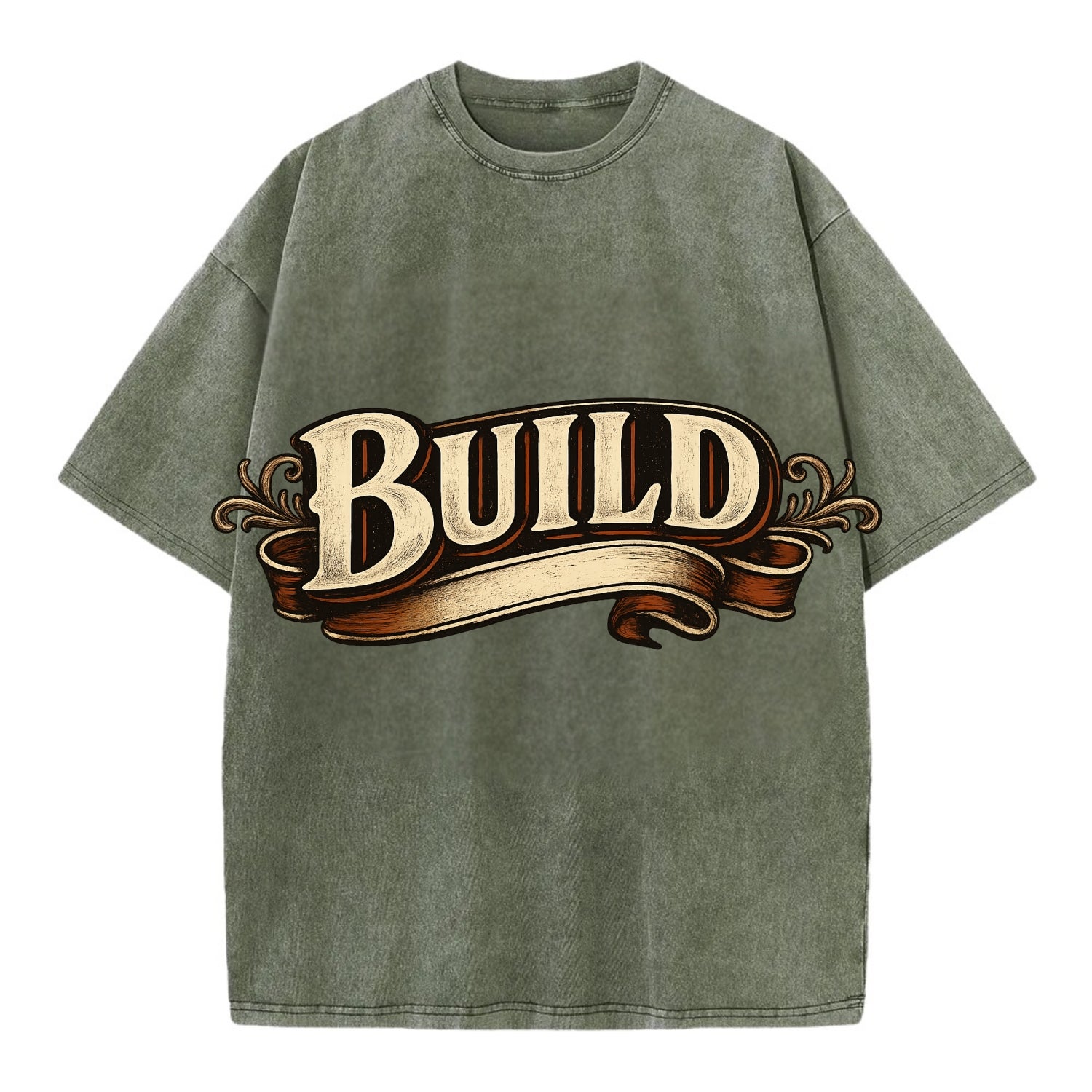 Bold typography design - "BUILD" - constructing, making real - Vintage T-shirt - Army Green
