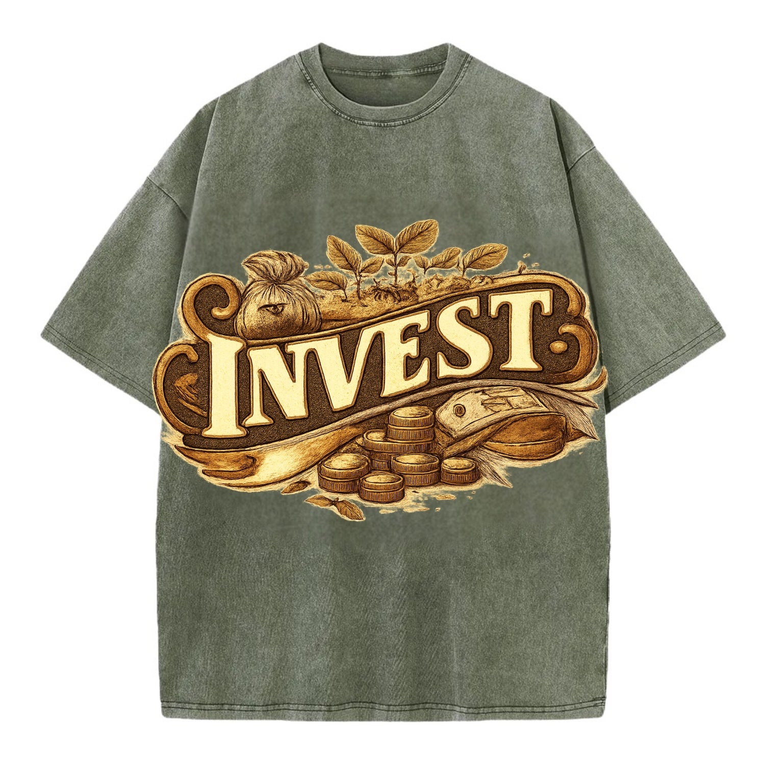 Bold typography design - "INVEST" - growing money, smart decisions - Vintage T-shirt - Army Green