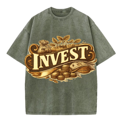 Bold typography design - "INVEST" - growing money, smart decisions - Vintage T-shirt - Army Green