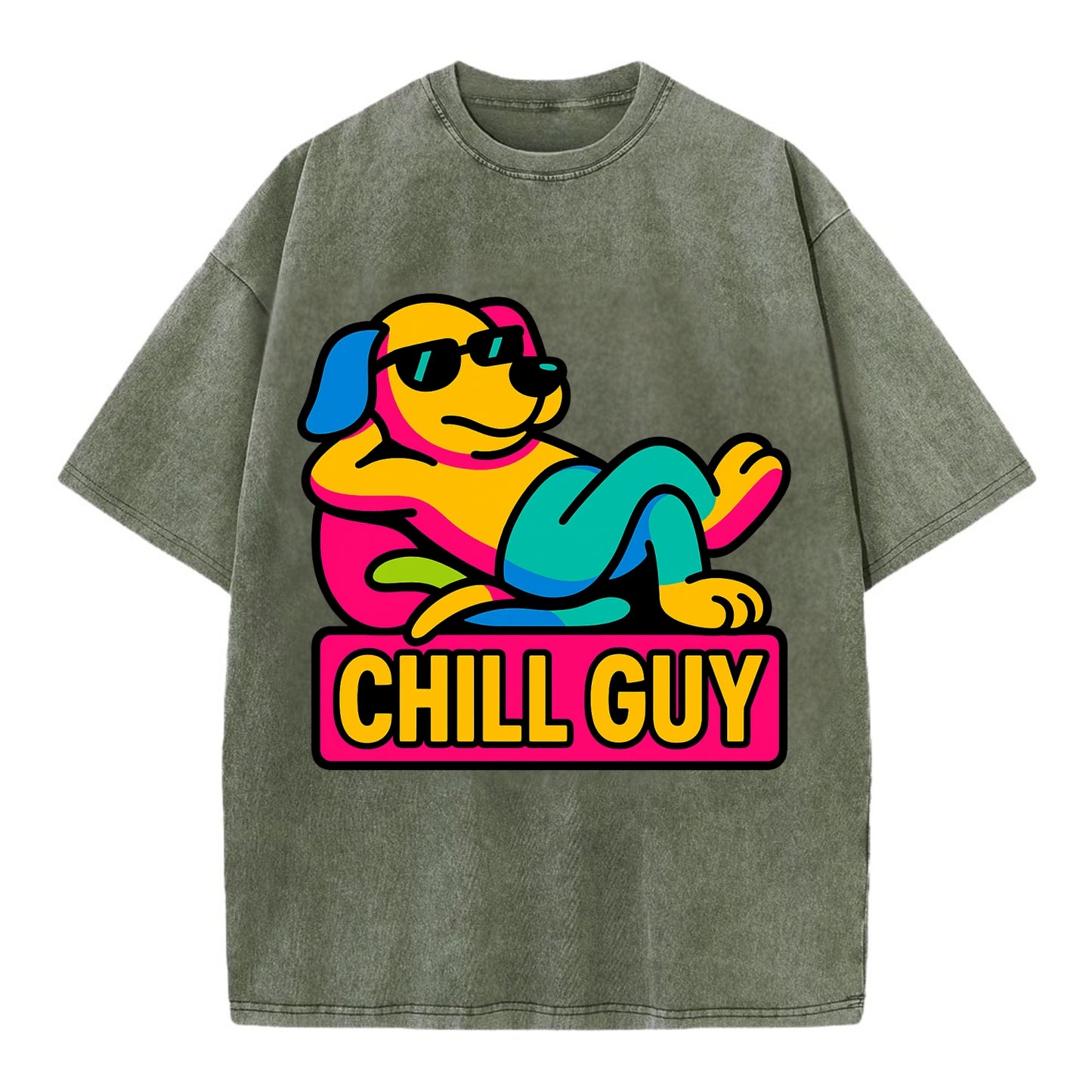 Super relaxed dog character lounging unbothered - "Chill Guy" meme energy, laid - Vintage T-shirt - Army Green