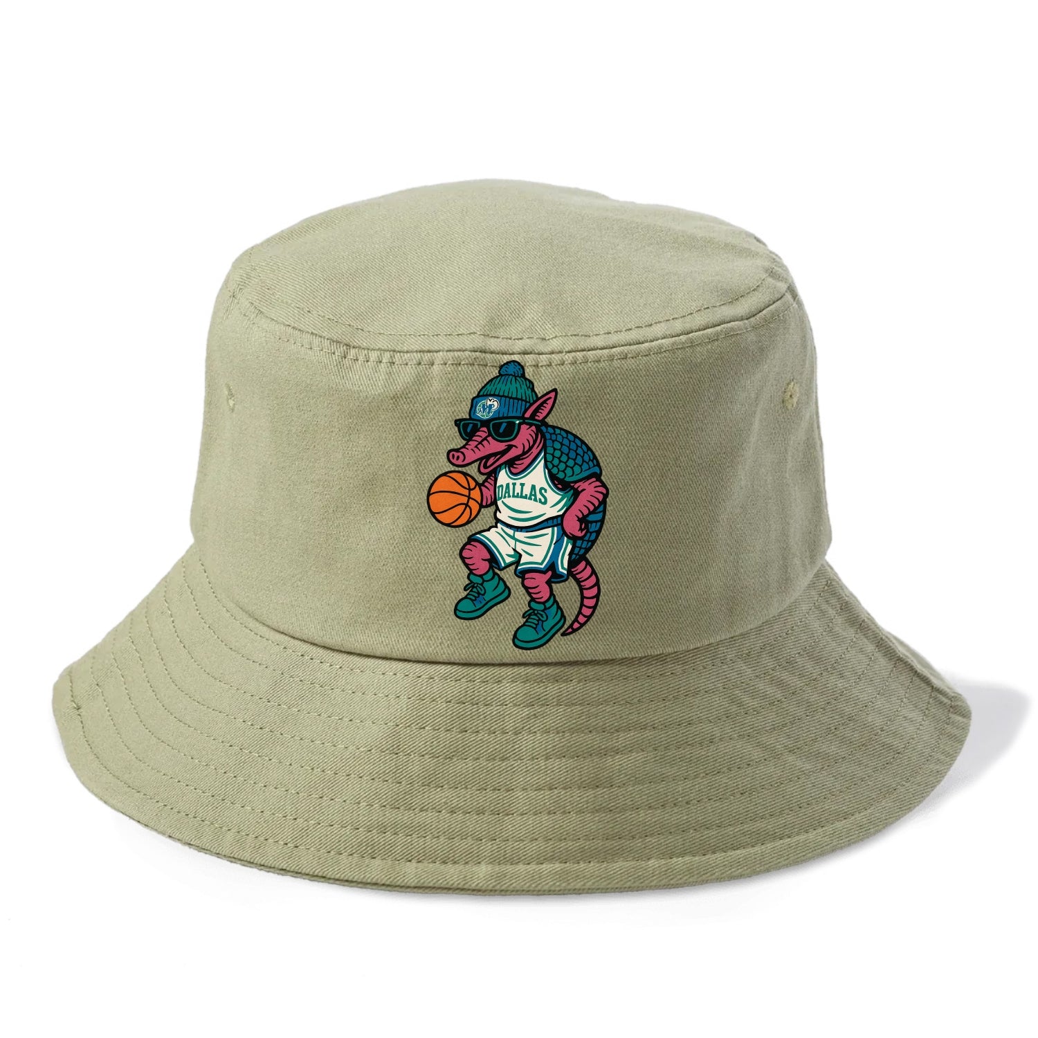 Dallas Armadillo wearing Mavericks beanie with cowboy hat patch and wayfarer sunglasses - Bucket Hat - Army Green